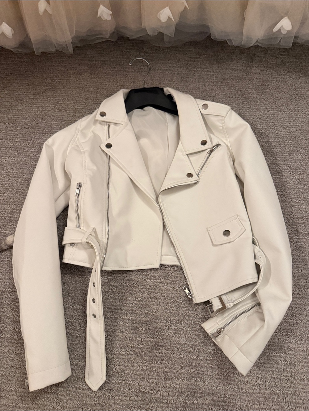 Windsor White Faux-Leather Moto Jacket with Belt